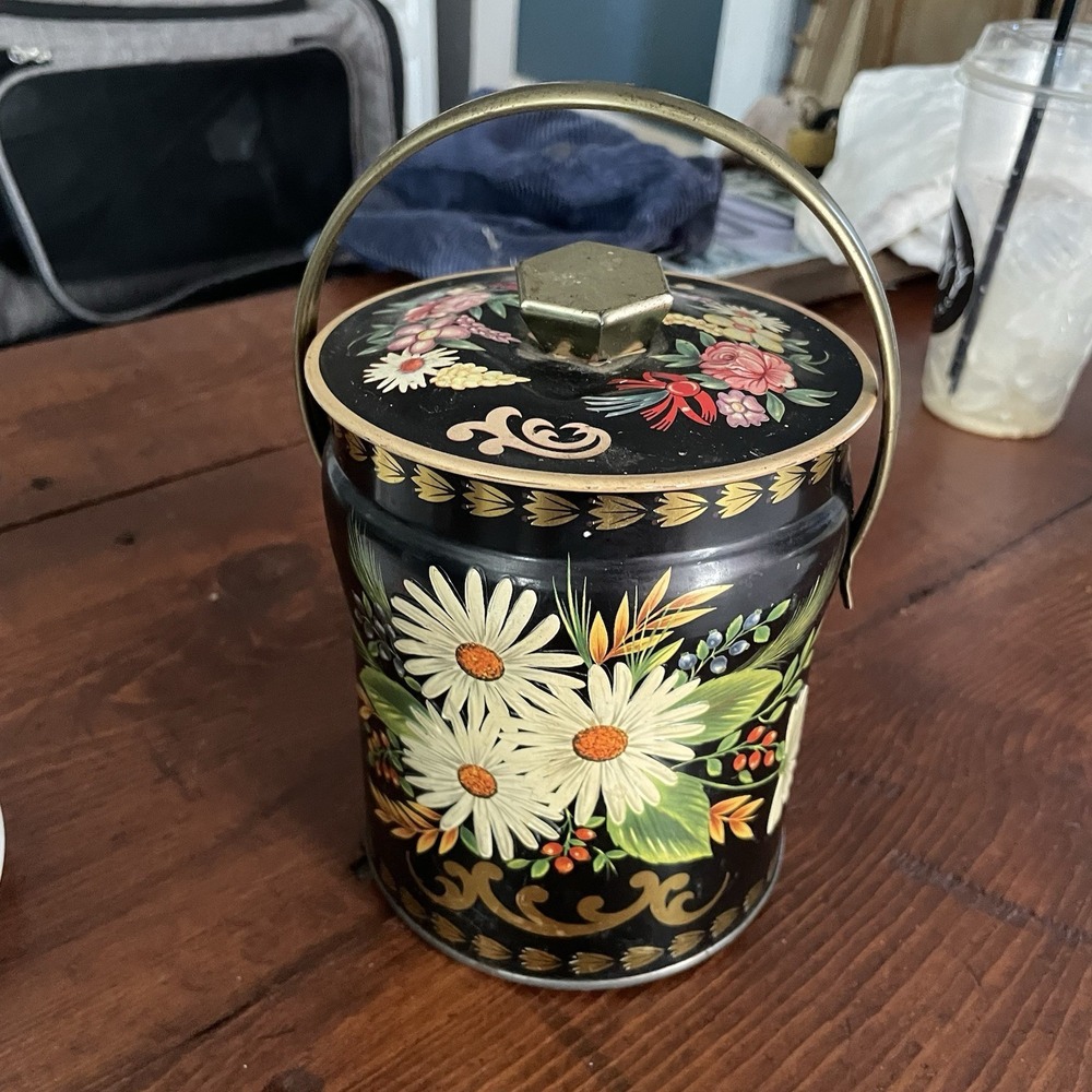 Vintage Floral Embossed Tin Pail Bucket W/ Lid Murray Allen Confections 5.5"